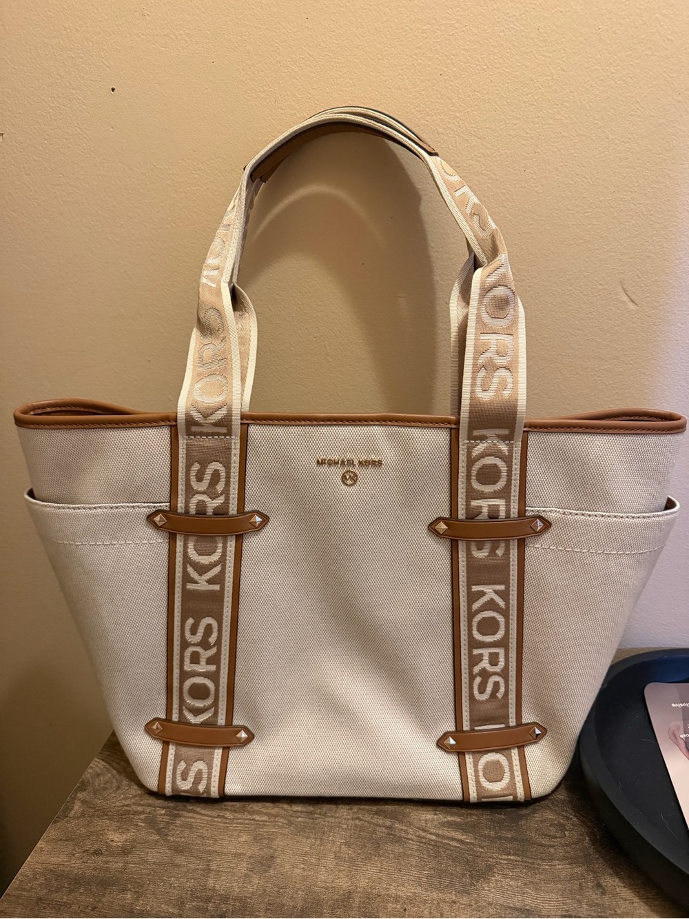 Michael Kors Cream Canvas Tote with Tan Logo Straps